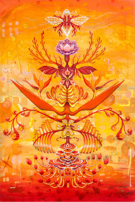 A colorful artwork featuring a stylized floral and animal design with a vibrant red and orange color palette.