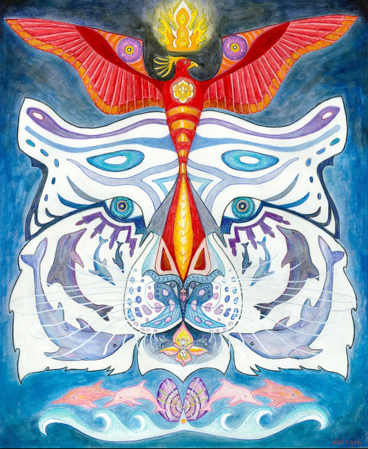 A colorful artwork depicting a stylized tiger with a bird-like figure above it, set against a vibrant blue background with a mix of white and purple hues.